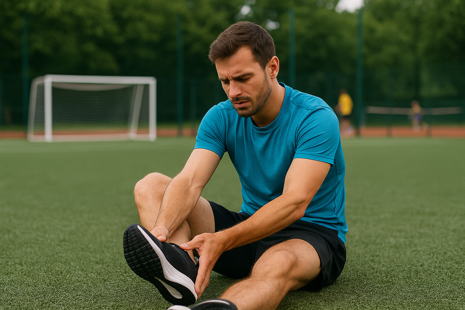Sporter op sportveld die zijn voeten controleert tijdens de warming-up – focus op gezonde voeten, blessurepreventie en podotherapie voor sporters.