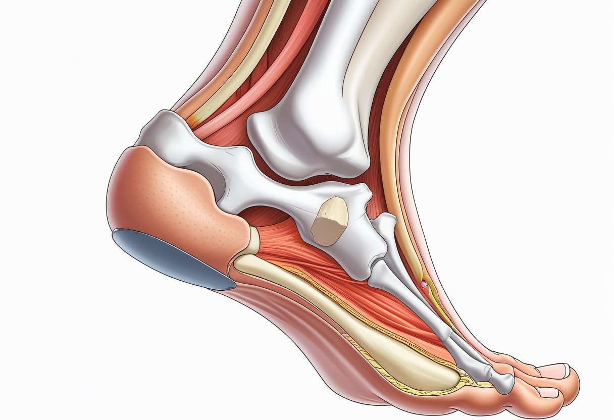 Een gedetailleerde illustratie van een menselijke voet die de hiel met een hielspoor en omliggend weefsel toont.